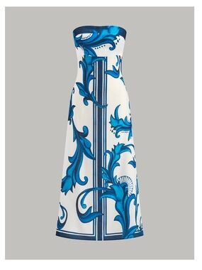 Commense White Strapless Maxi Dress with Blue Scroll Print